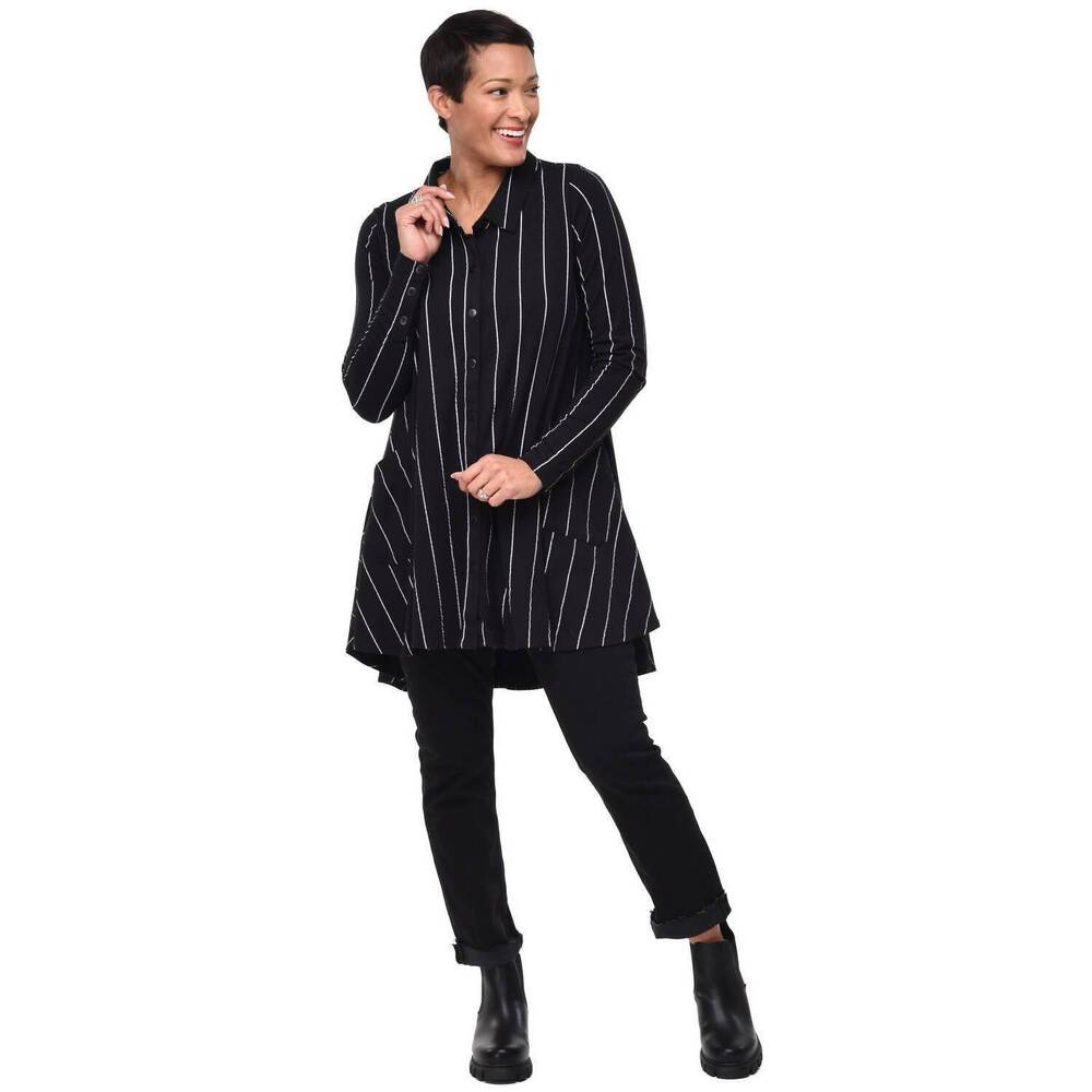 NEW TULIP CLOTHING lauryn button down top in black metro stripe - Picture 2 of 3